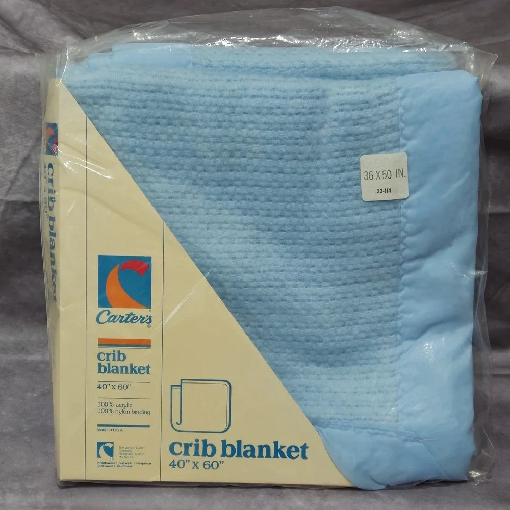 Vintage Carter's Baby Crib Blanket Acrylic Satin Trim Blue 36x50
